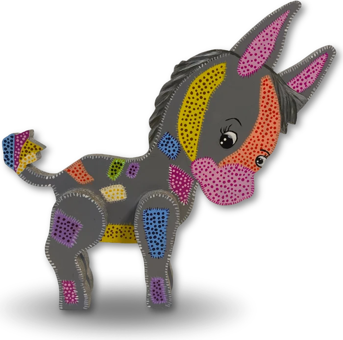 Burro de madera pintado a mano con puntos de colores