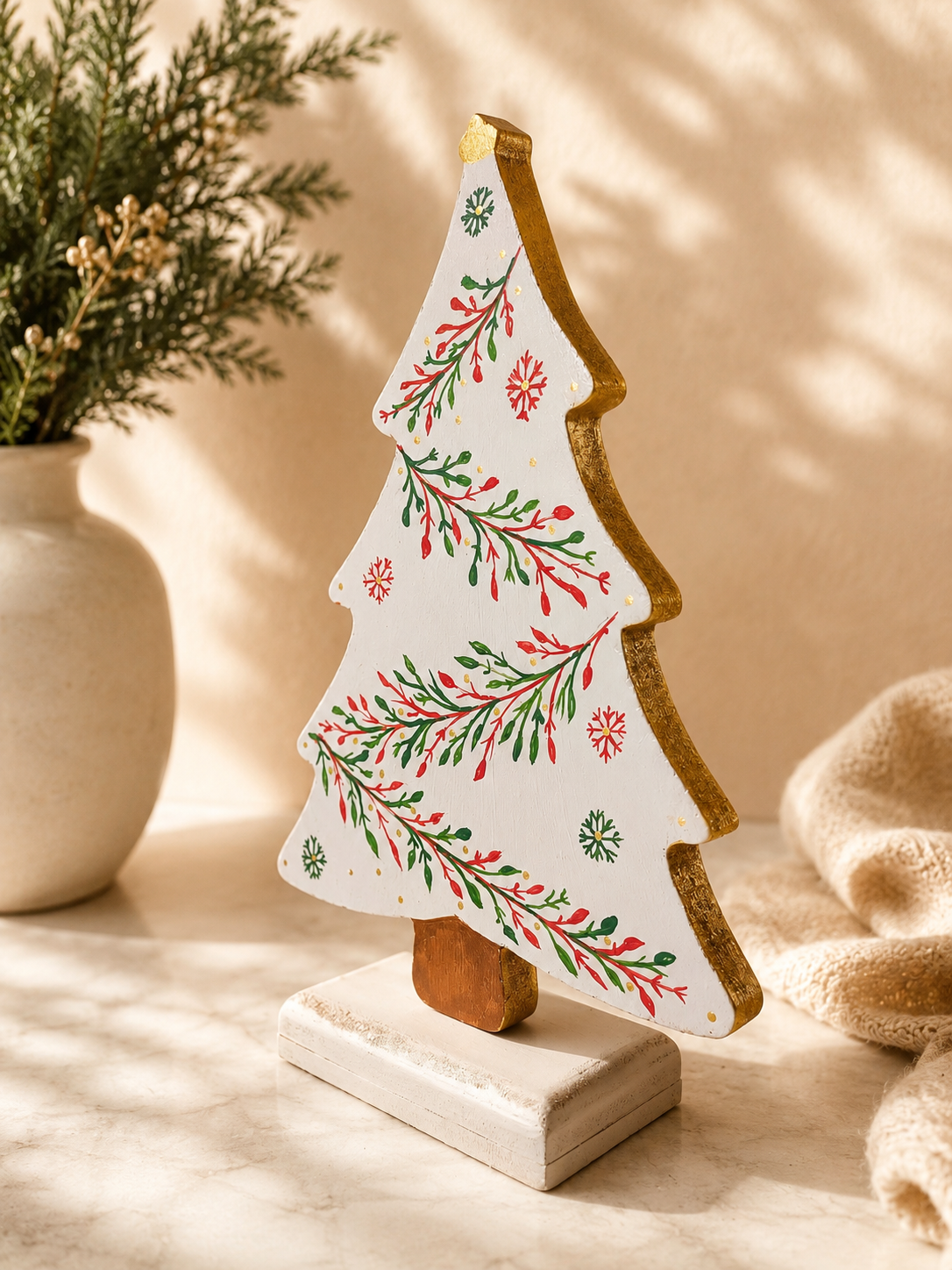 Árbol de Navidad pintado a mano en madera MDF elaborado por la artista colombiana Esperanza Arcila.
