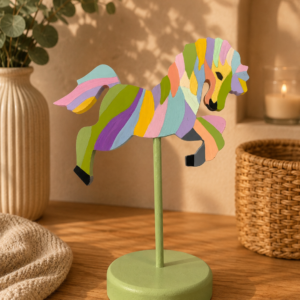Figura Caballo Serenidad pintada a mano en madera MDF por la artista colombiana Esperanza Arcila.