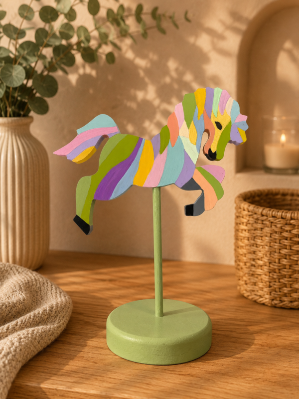 Figura Caballo Serenidad pintada a mano en madera MDF por la artista colombiana Esperanza Arcila.