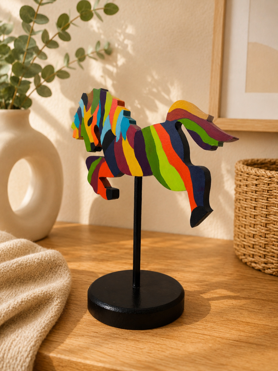 Figura Caballo Energía pintada a mano en madera MDF por la artista colombiana Esperanza Arcila.