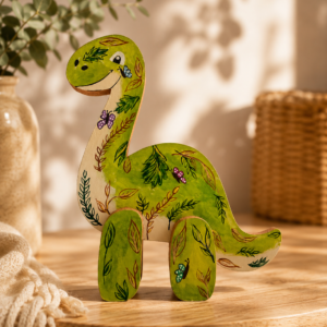 Figura de dinosaurio pintada a mano en madera MDF elaborada por la artista colombiana Esperanza Arcila.