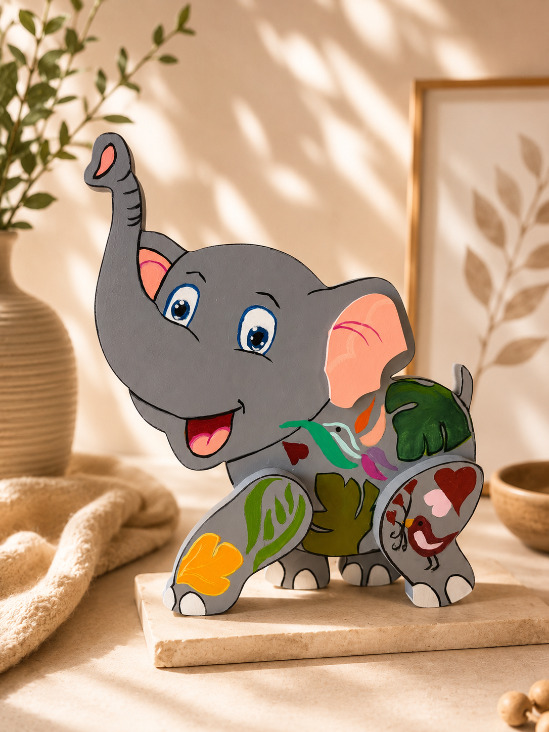Figura de elefante pintada a mano en madera MDF elaborada por la artista colombiana Esperanza Arcila.