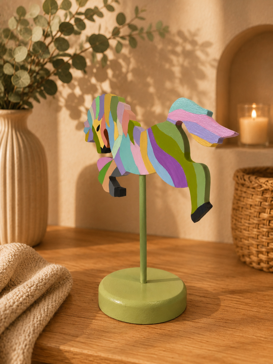 Figura Caballo Serenidad pintada a mano en madera MDF por la artista colombiana Esperanza Arcila.