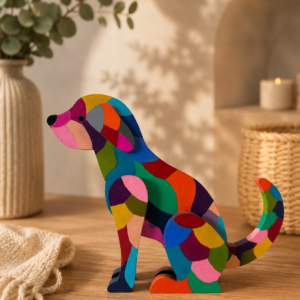 Figura de perro sentado pintada a mano en madera MDF por la artista colombiana Esperanza Arcila.
