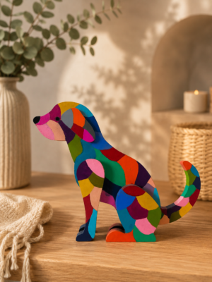Figura de perro sentado pintada a mano en madera MDF por la artista colombiana Esperanza Arcila.
