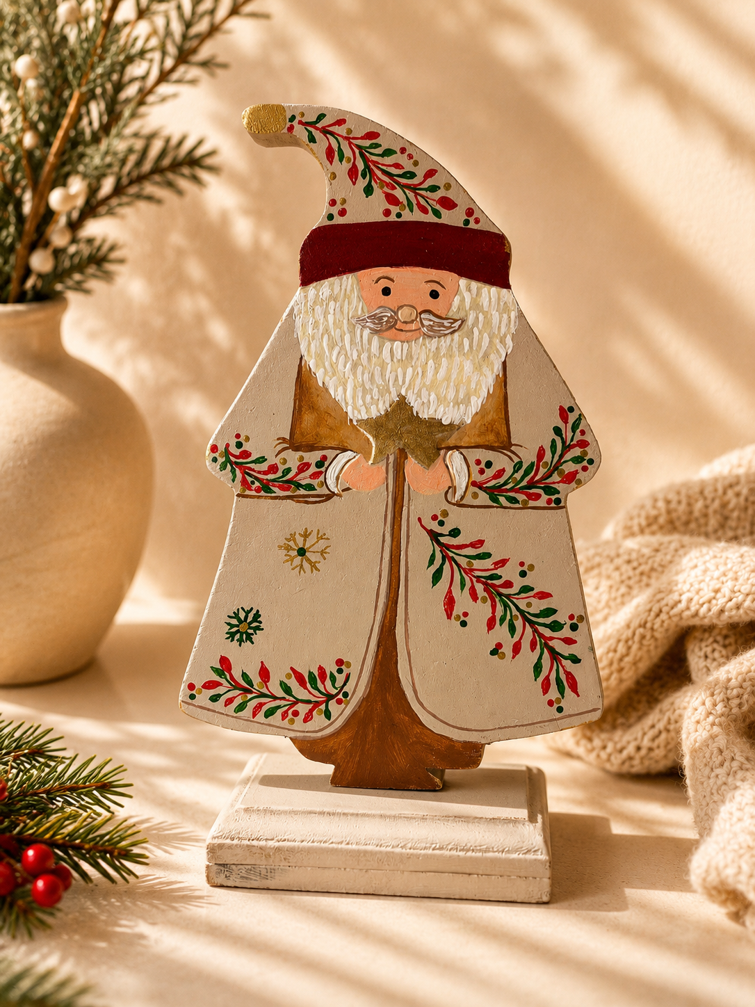 Figura de Santa Claus pintada a mano en madera MDF elaborada por la artista colombiana Esperanza Arcila.