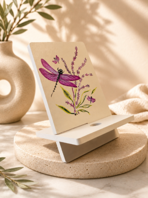 Porta celular artesanal pintado a mano con diseño de libélulas elaborado por la artista Esperanza Arcila.