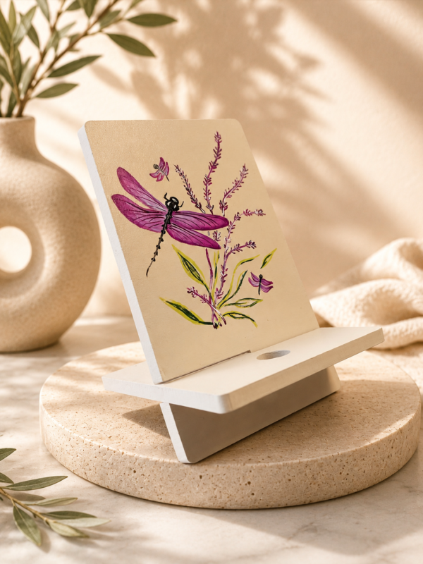 Porta celular artesanal pintado a mano con diseño de libélulas elaborado por la artista Esperanza Arcila.