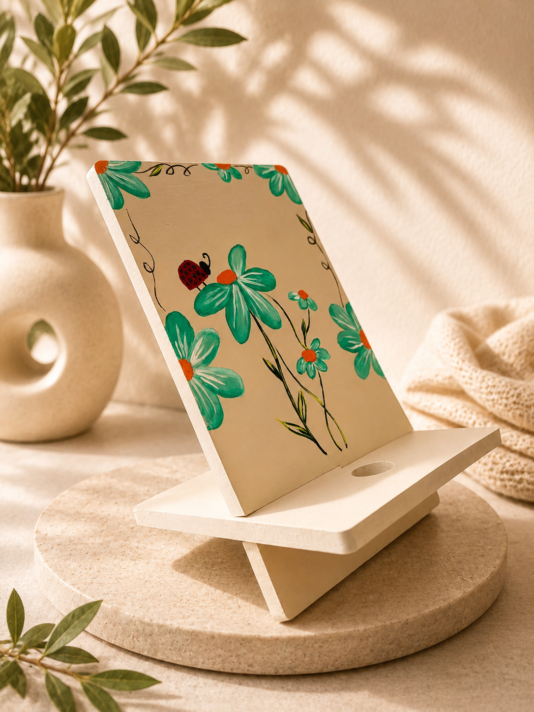 porta-celular-artesanal-flores-esperanza-arcila.jpg2 Porta celular artesanal pintado a mano con diseño floral y mariquita elaborado por la artista Esperanza Arcila.