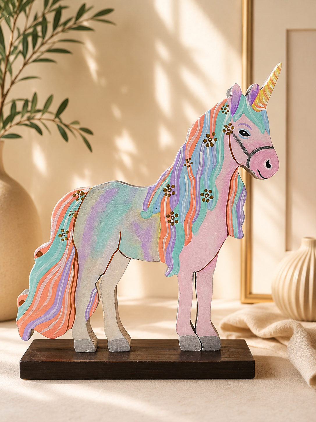 Figura de unicornio pintada a mano en madera MDF elaborada por la artista colombiana Esperanza Arcila.