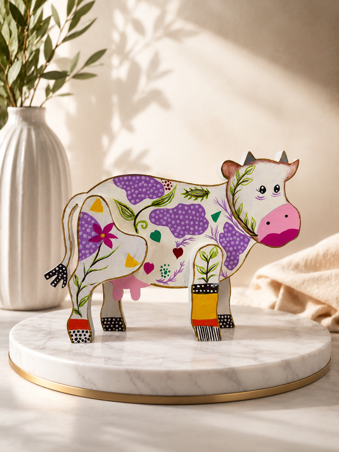 Figura de vaca pintada a mano en madera MDF elaborada por la artista colombiana Esperanza Arcila.