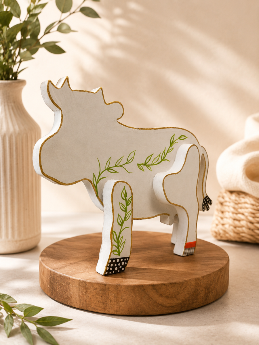 Figura de vaca pintada a mano en madera MDF elaborada por la artista colombiana Esperanza Arcila.